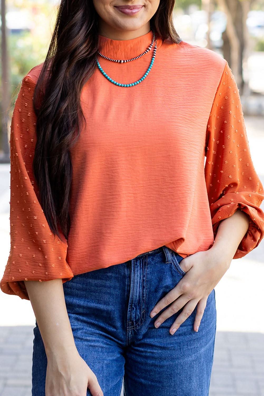 Russet Orange Swiss Dot Balloon Sleeve Loose Blouse - Love Salve